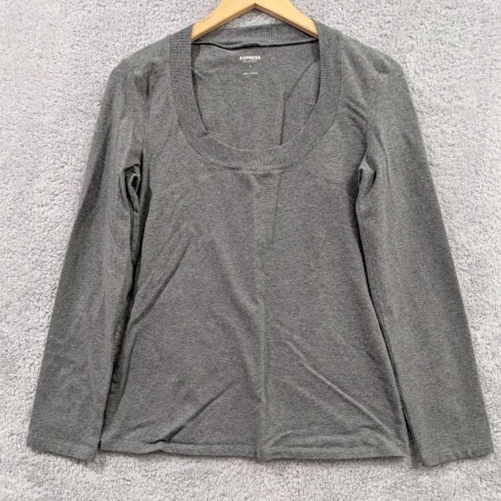 Express Sexy Stretch Scoop Neck Gray Shirt Long Sleeve Women's Size Large Casual